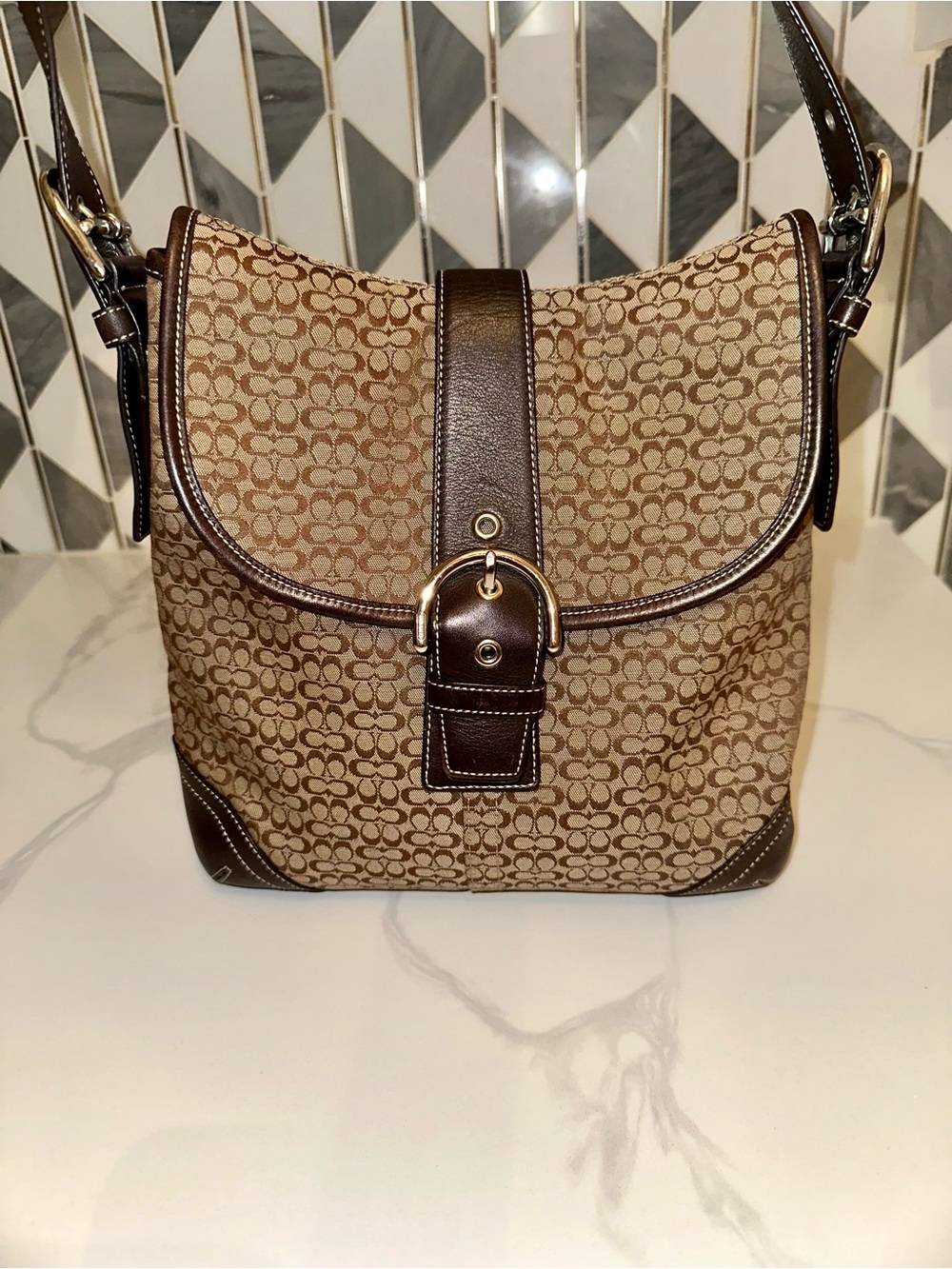 Vintage Y2K Coach Soho Signature Flap Bag in Brown Canvas/Leather